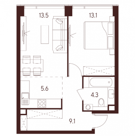 Планировка ЖК INDY Towers by Akvilon, 13.1 м2