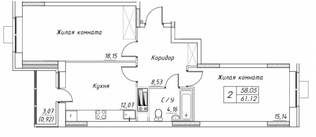 Планировка ЖК Большевик, 33.29 м2