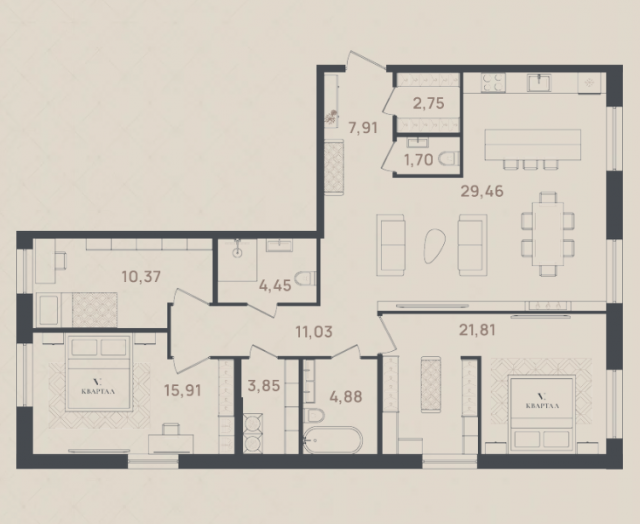 Планировка ЖК VI Квартал, 48.09 м2