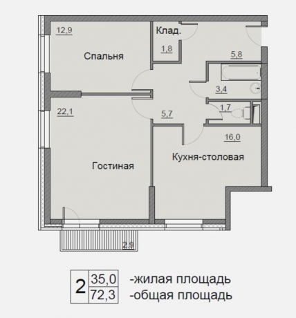 Планировка ЖК Бульвар Матроса Железняка 11, 35.0 м2
