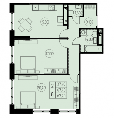 Планировка ЖК 7 небо, 37.4 м2