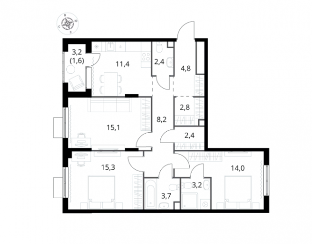 Планировка ЖК 1-й Химкинский, 44.4 м2