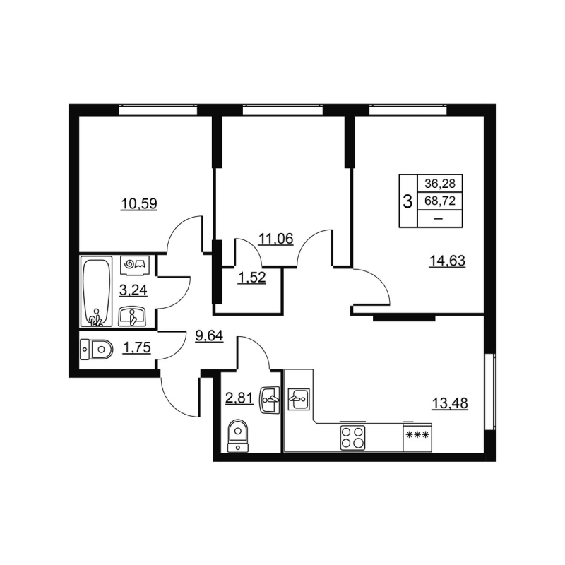 Продажа 3-комн квартиры в новостройке Новое Девяткино д., Главная ул.,  к. 3