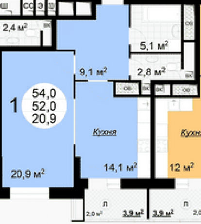 Планировка ЖК Квартал 38A, 20.9 м2