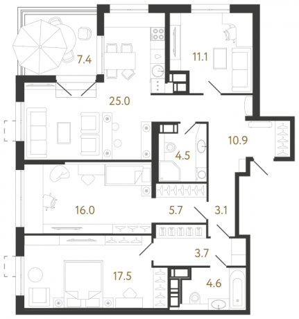Планировка ЖК Струны, 44.6 м2