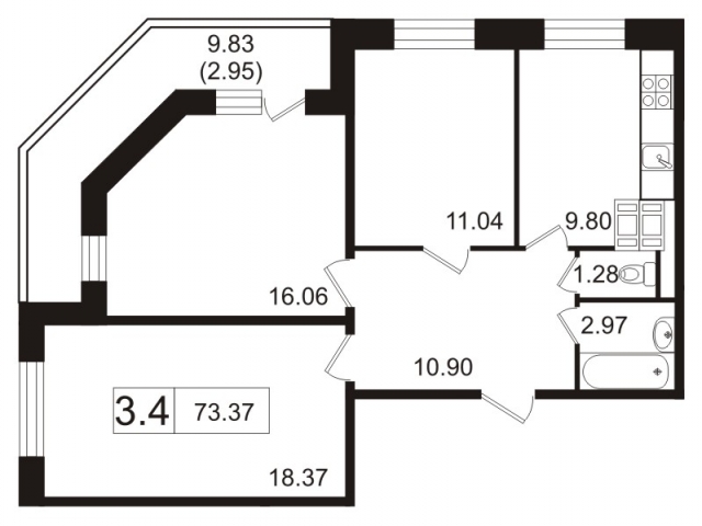 Планировка ЖК Пулковский, 45.47 м2