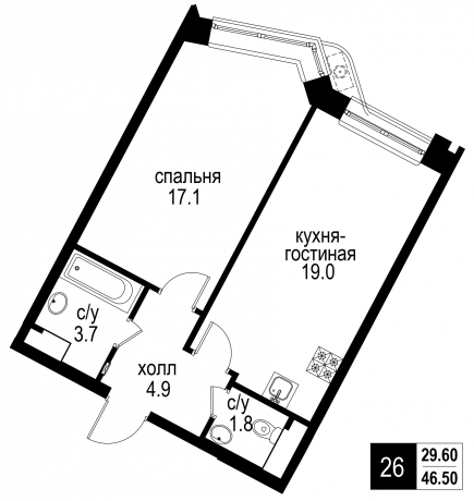 Планировка ЖК Интеллигент, 17.1 м2