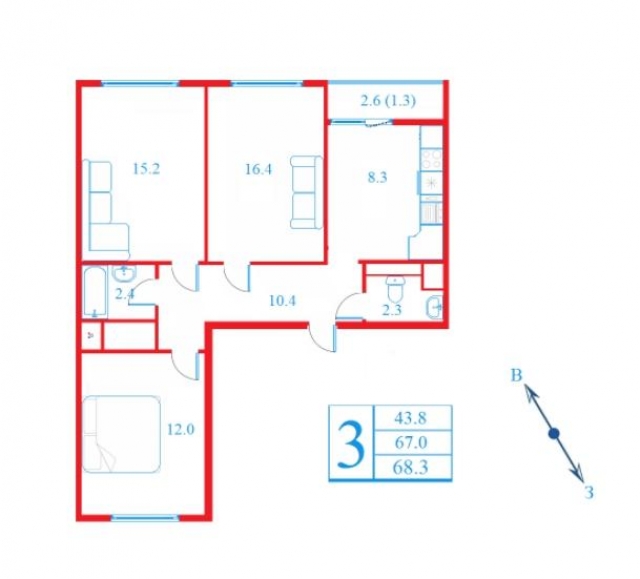 Планировка ЖК Лесной квартал, 43.8 м2