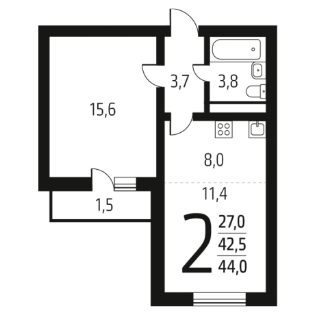 Планировка ЖК Новые Ватутинки. Микрорайон Десна, 15.6 м2