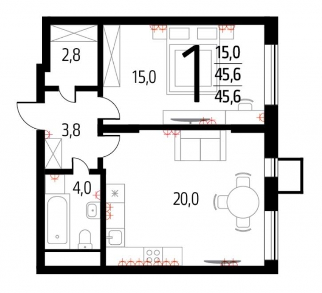 Планировка ЖК Новые Ватутинки. Микрорайон Десна, 15 м2