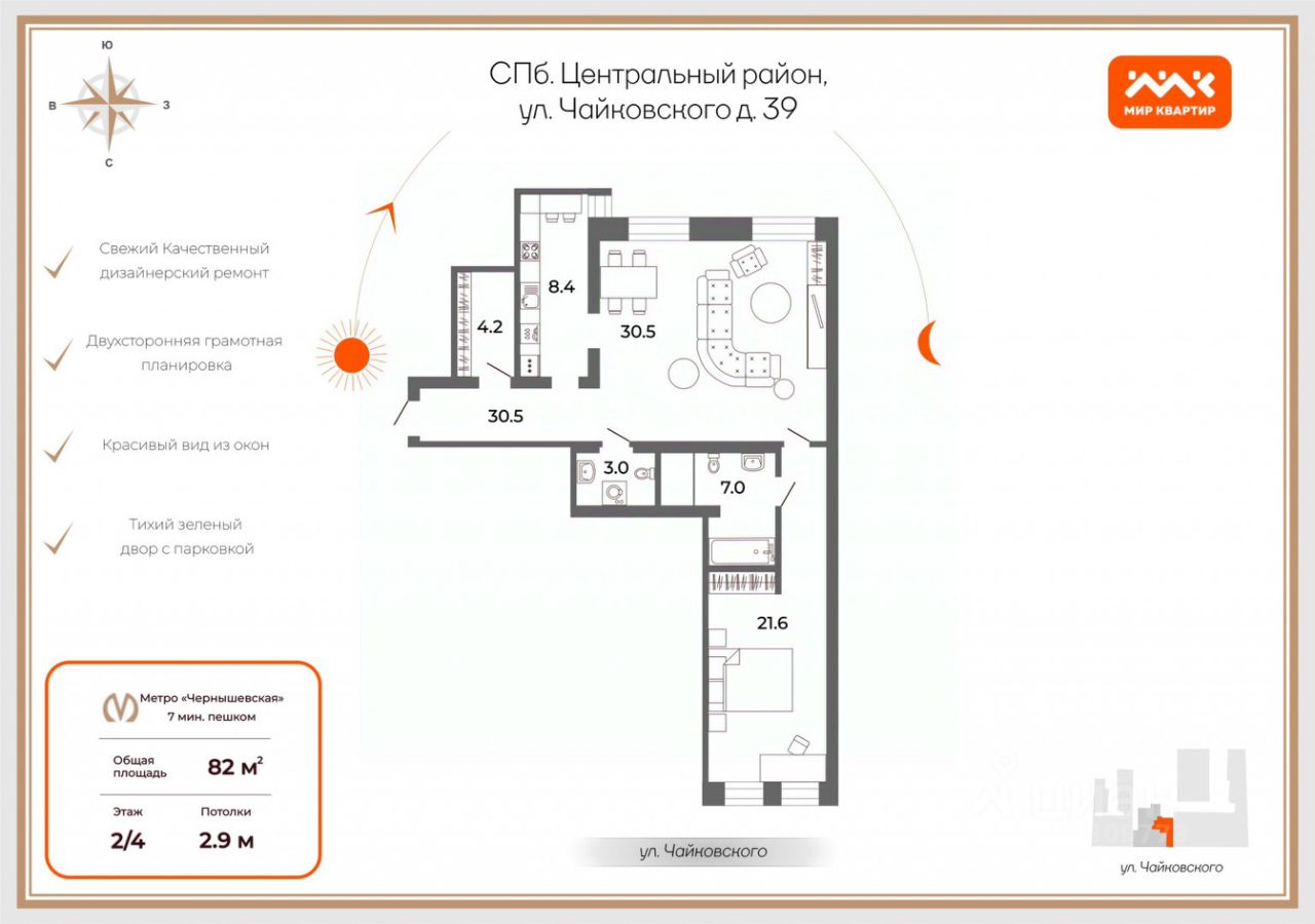 Продажа 2-комн квартиры на вторичном рынке улица Чайковского, 39