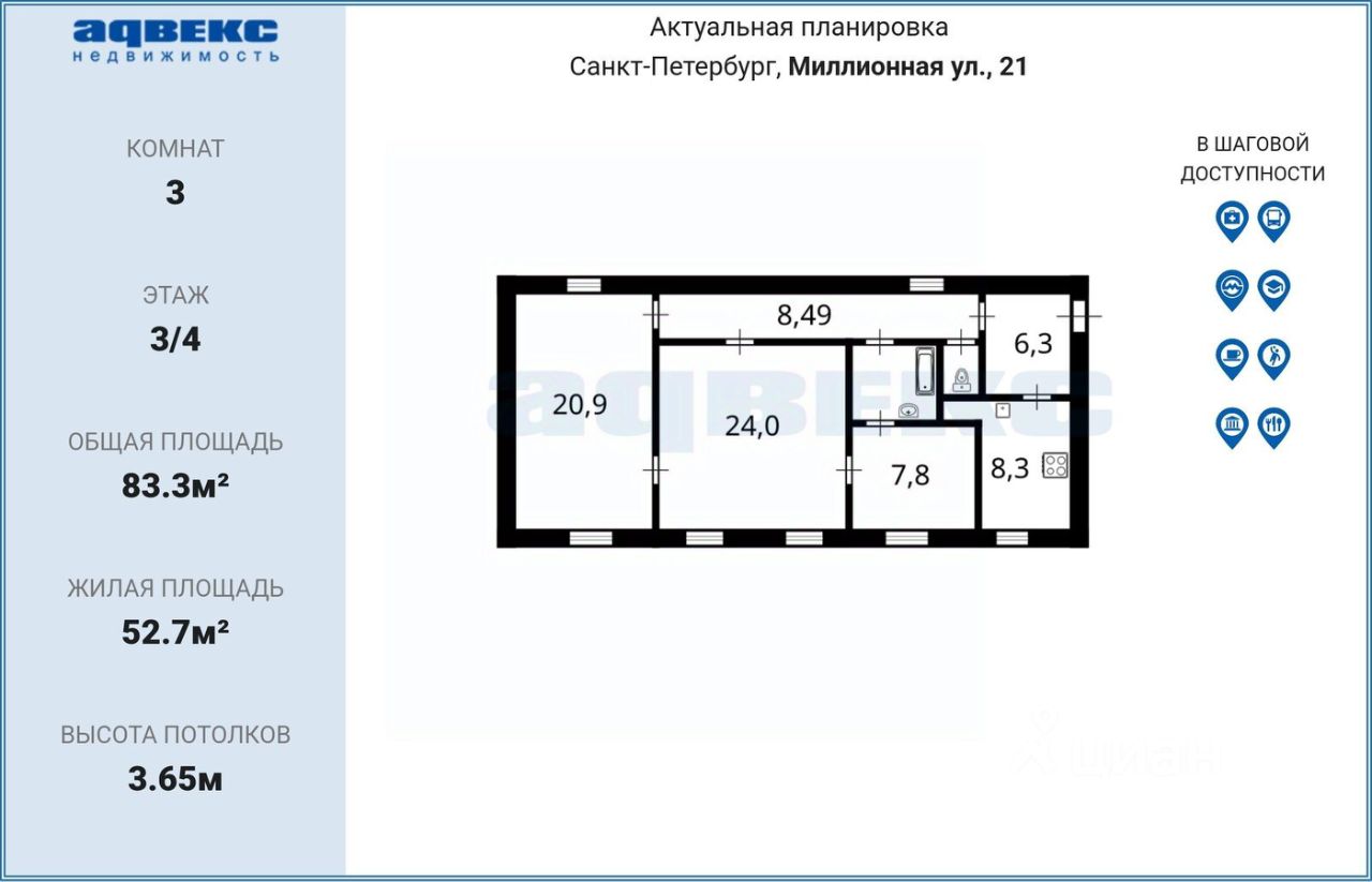 Продажа 3-комн квартиры на вторичном рынке Миллионная улица, 21