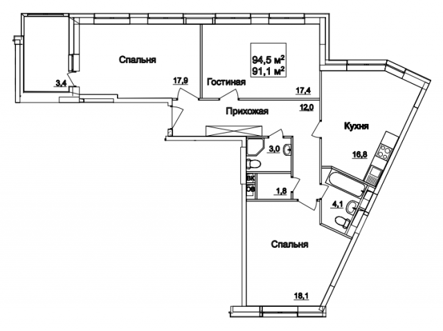 Планировка ЖК Рассказово, 53.4 м2