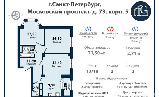 Продажа 3-комн квартиры на вторичном рынке Московский пр-кт