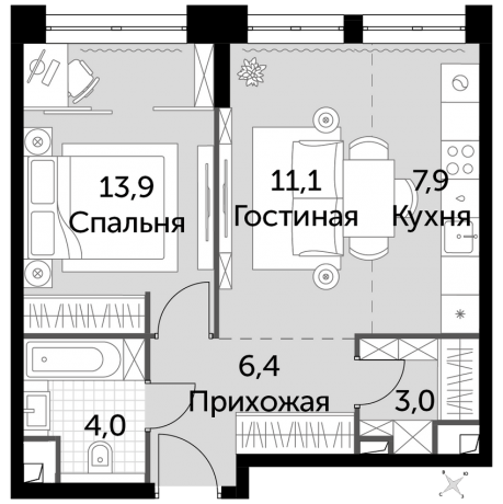 Планировка ЖК Сидней Сити, 13.9 м2