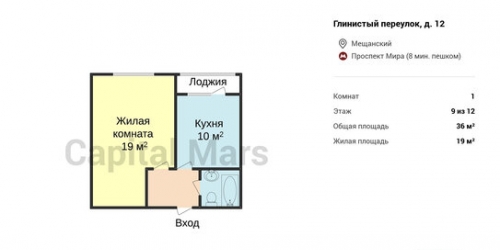 1-комн квартира Глинистый переулок,  д. 12
