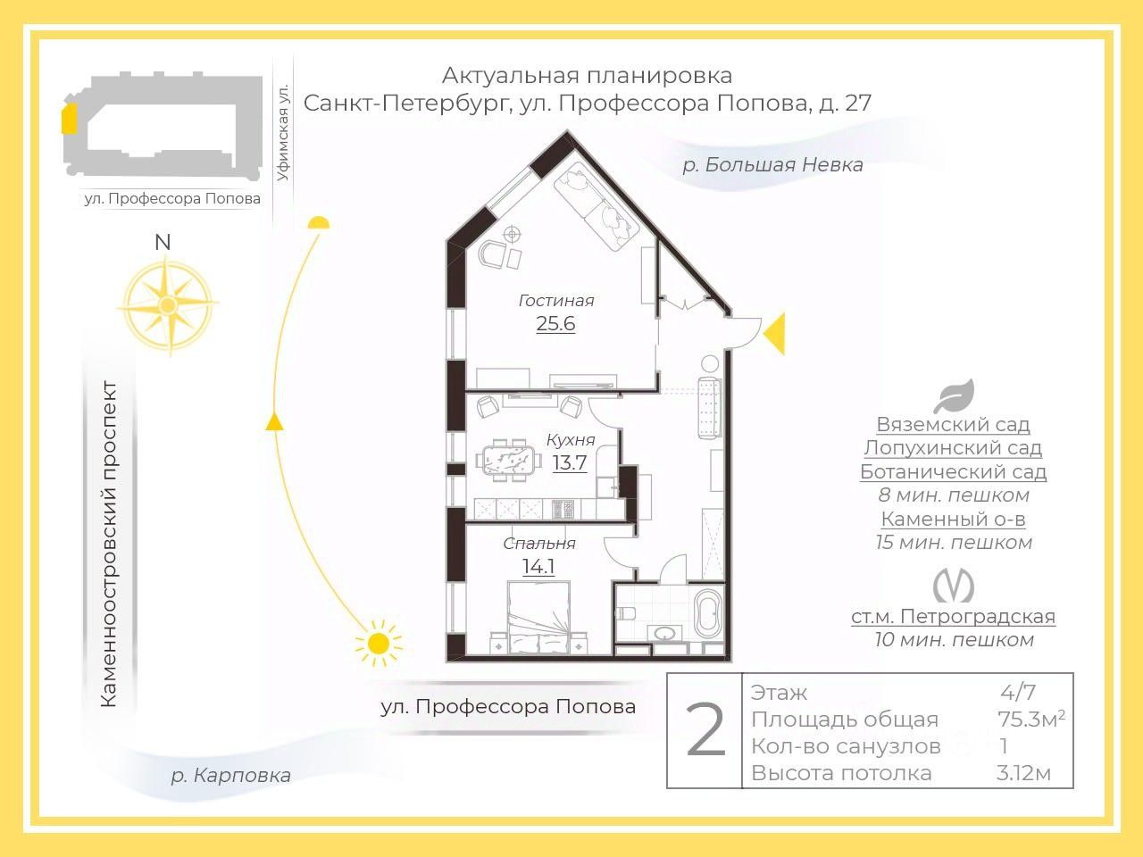 Продажа 2-комн квартиры на вторичном рынке улица Профессора Попова, 27