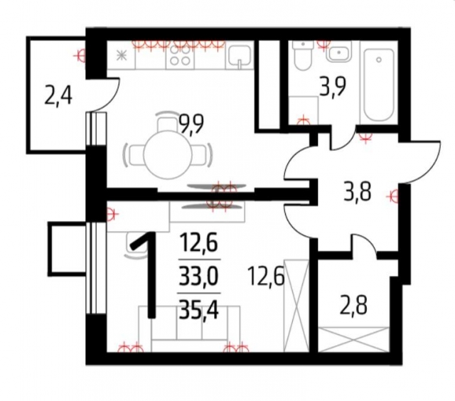 Планировка ЖК Новые Ватутинки. Микрорайон Десна, 12.6 м2