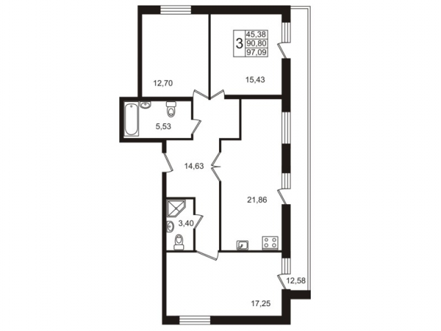 Планировка ЖК Мой город, 45.38 м2