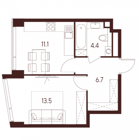 Планировка ЖК INDY Towers by Akvilon, 13.15 м2