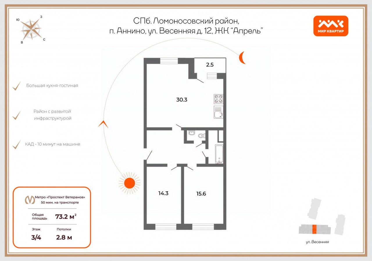 Продажа 3-комн квартиры на вторичном рынке пос. Аннино, улица Весенняя, 12