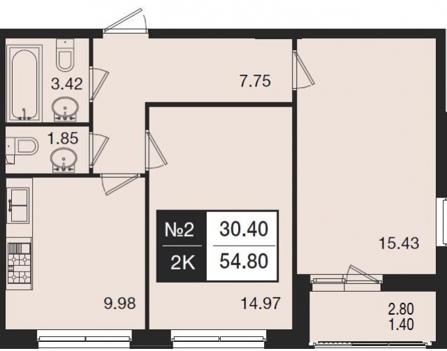 Планировка ЖК Н74, 30.4 м2