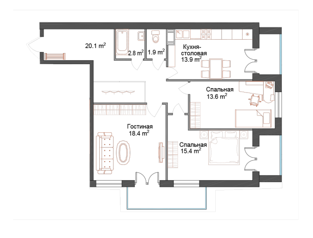 Планировка ЖК СемьА, 47.4 м2