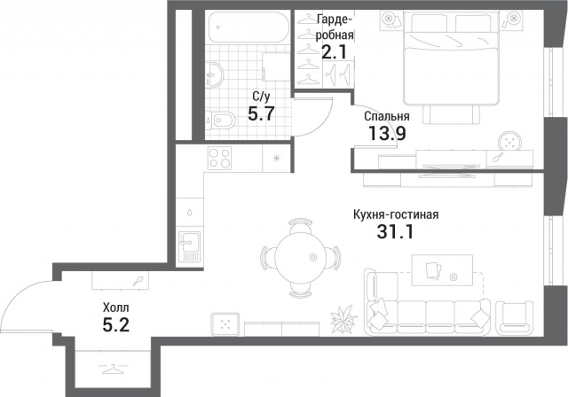 Планировка ЖК Nagatino i-Land, 13.9 м2