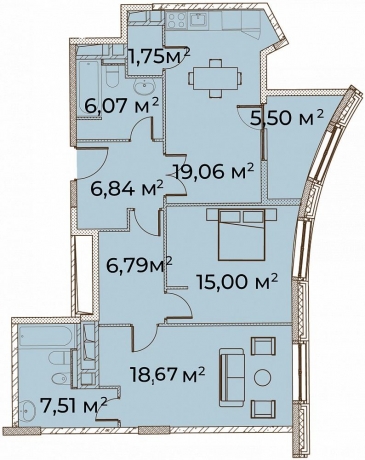 Планировка ЖК Врубеля 4, 33.7 м2