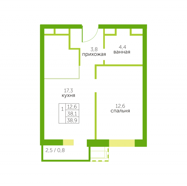 Планировка ЖК Зелёный квартет, 12.6 м2