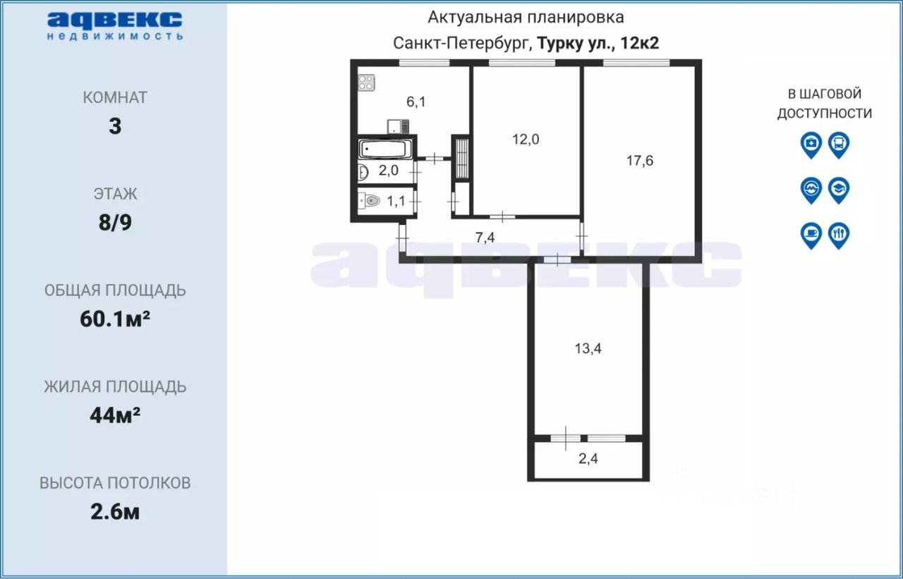 Продажа 3-комн квартиры на вторичном рынке улица Турку, 12К2
