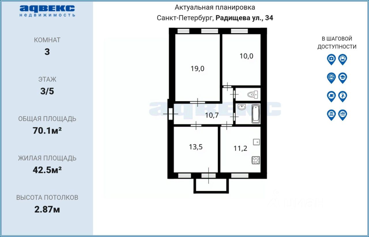 Продажа 3-комн квартиры на вторичном рынке улица Радищева, 34