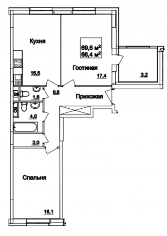 Планировка ЖК Рассказово, 33.5 м2