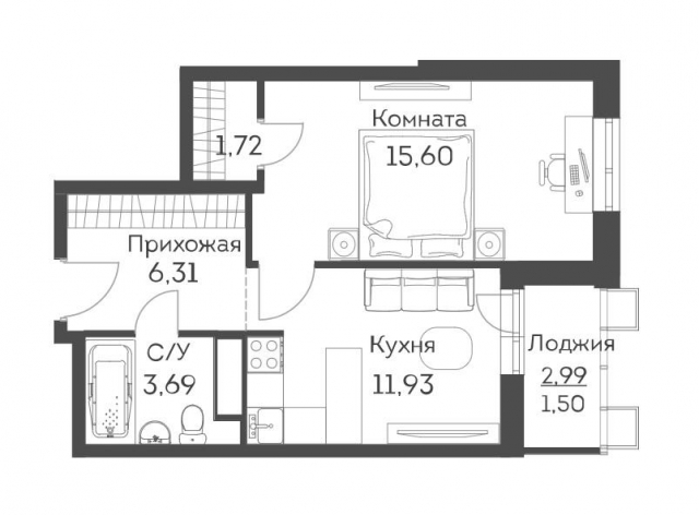 Планировка ЖК Аквилон Митино, 15.6 м2