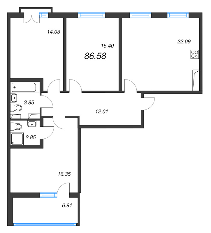 Продажа 3-комн квартиры в новостройке Стрельна п., Будённого пр-кт,  к. 2.3