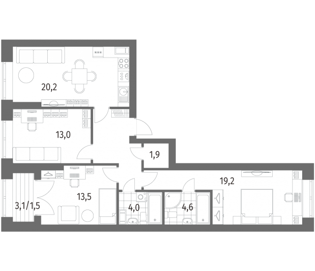 Планировка ЖК Наука, 35.7 м2