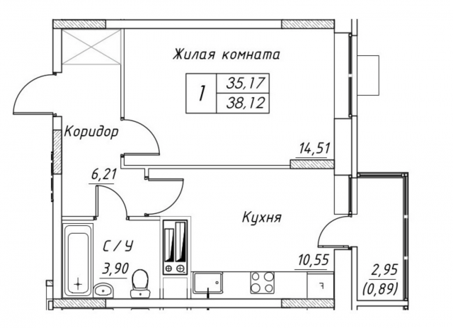 Планировка ЖК Большевик, 14.51 м2