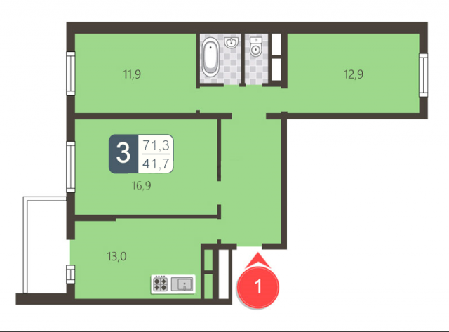 Планировка ЖК В Северном, 41.7 м2