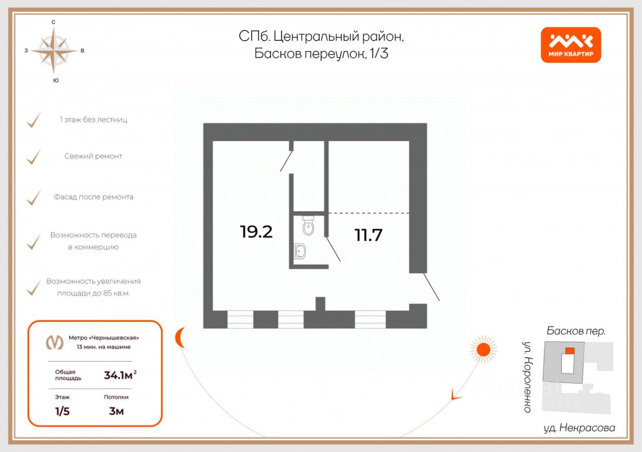 Продажа 2-комн квартиры на вторичном рынке переулок Басков, 1/3