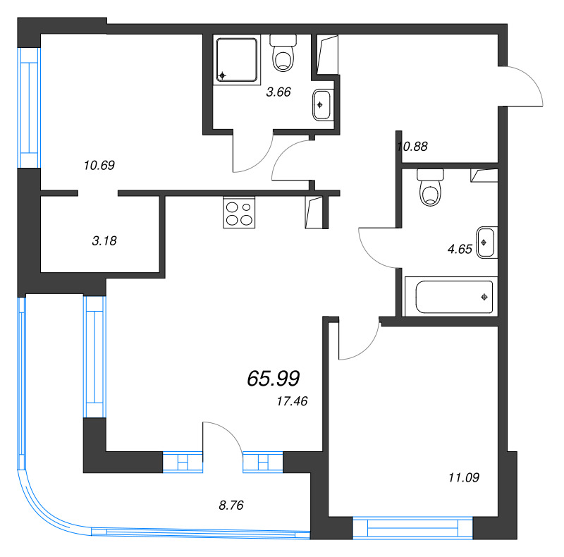 Продажа 2-комн квартиры в новостройке Бугры п., Дорога в Мурино,  к. 21