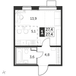 Планировка ЖК Первый Лермонтовский, 19 м2