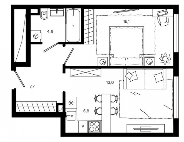 Планировка ЖК Level Донской, 15.1 м2