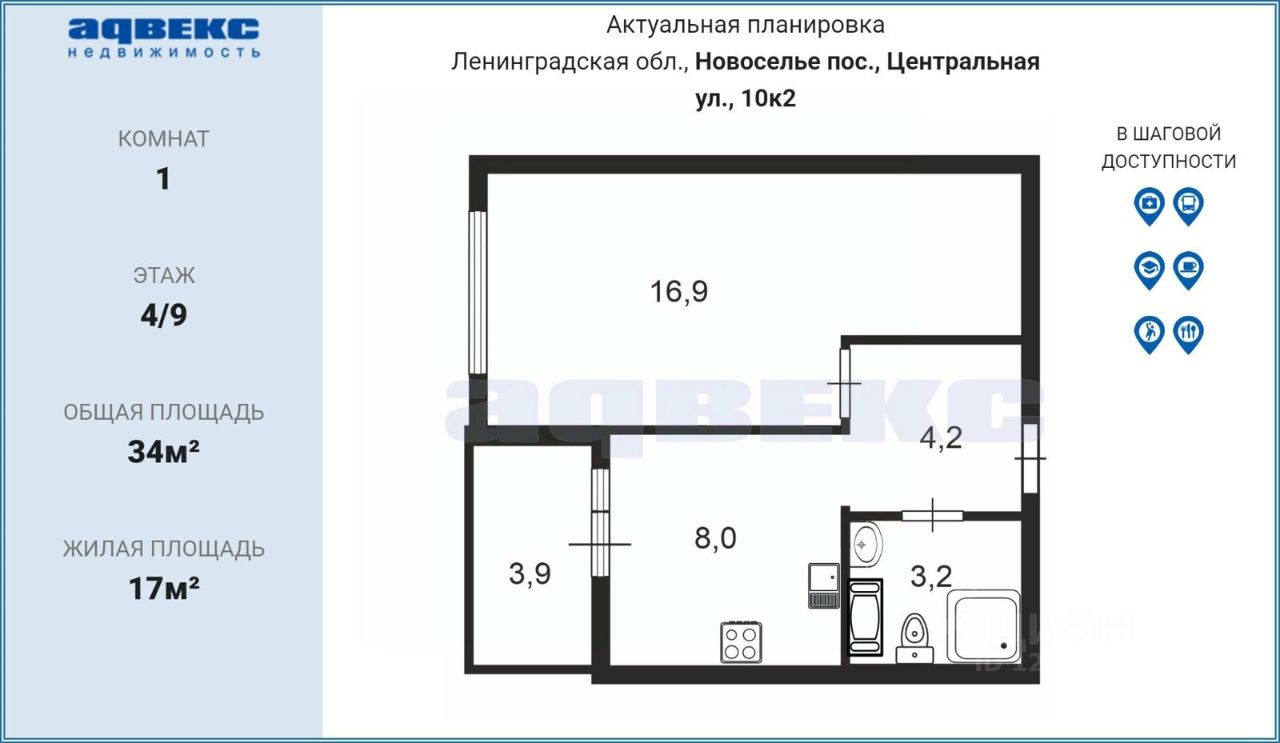 Аренда 1-комн квартиры на вторичном рынке Новоселье городской поселок, улица Центральная, 10к2