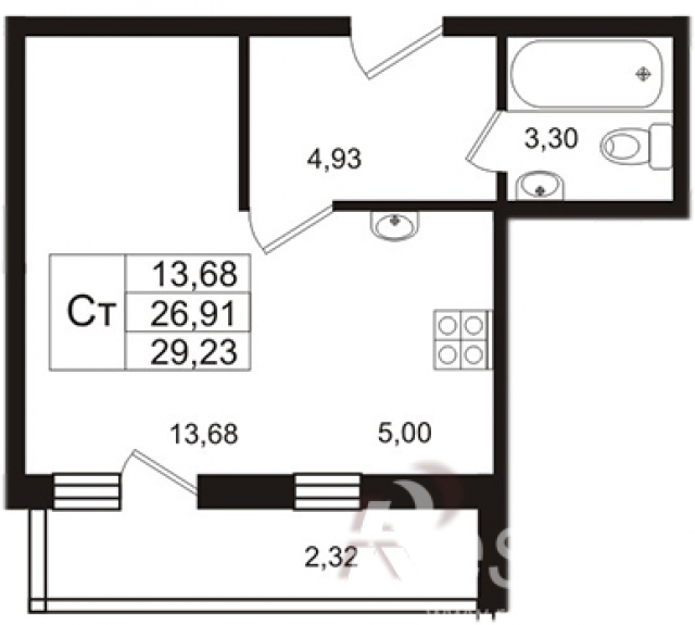Планировка ЖК Мой город, 13.68 м2