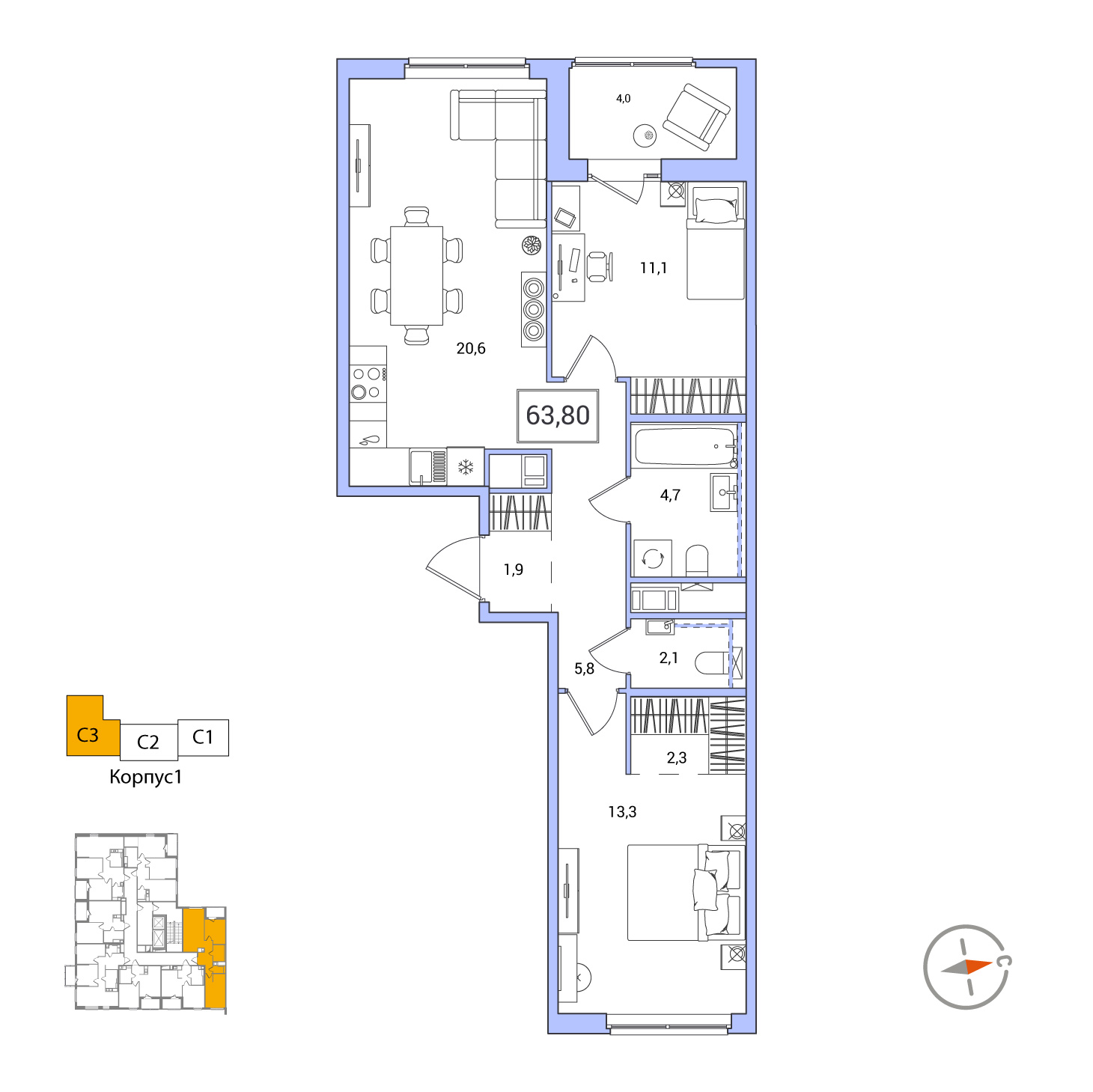 Продажа 2-комн квартиры в новостройке Янино-1, массив 