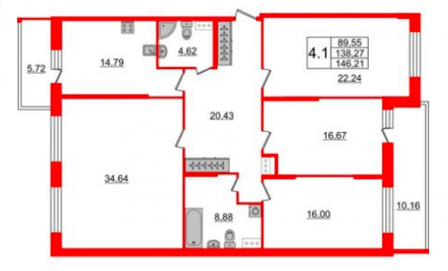 Планировка ЖК Притяжение, 89.6 м2