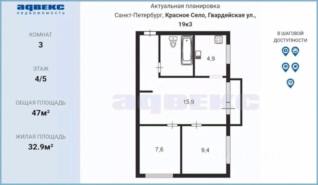 Продажа 3-комн квартиры на вторичном рынке Красное Село, Гвардейская улица, 19к3