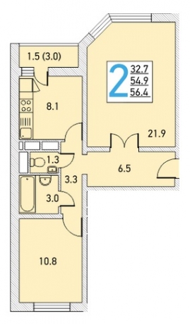 Планировка ЖК На Железнодорожной, 39, 32.7 м2