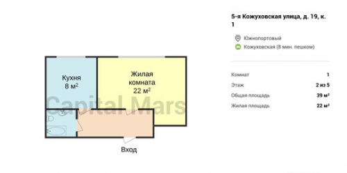 1-комн квартира Кожуховская 5-я ул,  д. 19,  к. 1