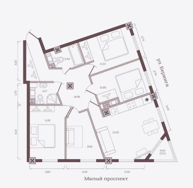 Планировка ЖК Monodom на Малом, 42.5 м2